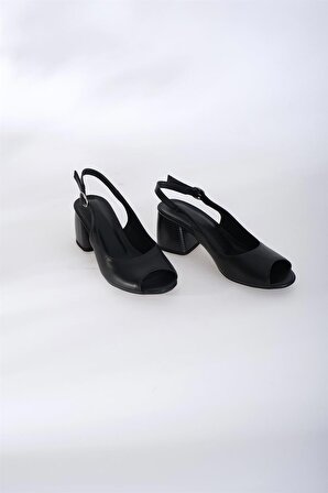 Kadın Deri Arkası Açık Topuklu Ayakkabı Siyah
