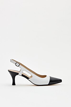 Kadın Hakiki Deri Topuklu Ayakkabı Beyaz - Siyah