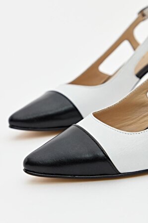 Kadın Hakiki Deri Topuklu Ayakkabı Beyaz - Siyah