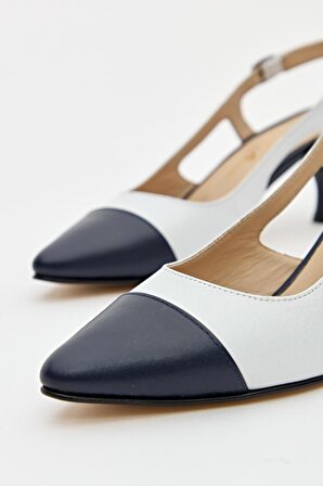 Kadın Hakiki Deri Topuklu Ayakkabı Beyaz - Lacivert