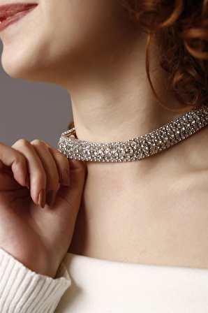 5 Sıralı Taşlı Silver Choker Kolye, Taşlı Choker, Su Yolu Choker Kolye Gümüş Kaplama Choker