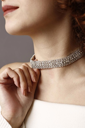 Kadın 5 Sıralı Taşlı Silver Choker Kolye, Taşlı Choker, Su Yolu Choker Kolye Gümüş Kaplama Choker