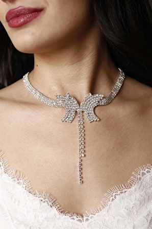 Silver Kristal Taşlı Kelebek Choker Kolyen Taşlı Gerdanlık Gümüş Kaplama