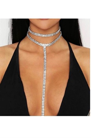 Su Yolu Kolye İkili Kolye Taşlı Uzun Kolye İkili Choker Kolye - Gümüş Kaplama