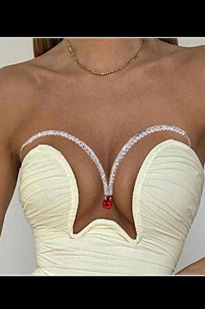 Kristal Kırmızı Taşlı Vücut Aksesuarı Göğüs Bikini Takısı Sütyen Zinciri Silver