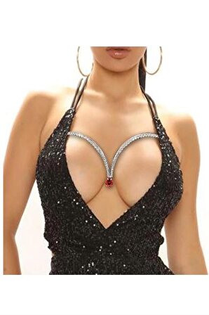 Kristal Kırmızı Taşlı Vücut Aksesuarı Göğüs Bikini Takısı Sütyen Zinciri Silver