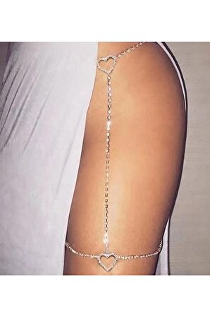 Kristal Taşlı Kalpli Vücut Aksesuarı Bacak Zinciri Bikini Takısı Göbek Takısı Gümüş Kaplama
