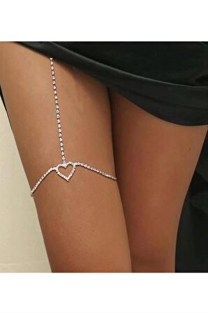 Kristal Taşlı Kalpli Vücut Aksesuarı Bacak Zinciri Bikini Takısı Göbek Takısı Gümüş Kaplama