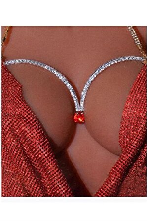 Kristal Kırmızı Taşlı Vücut Aksesuarı Göğüs Bikini Takısı Sütyen Takısı Dekolte Takısı