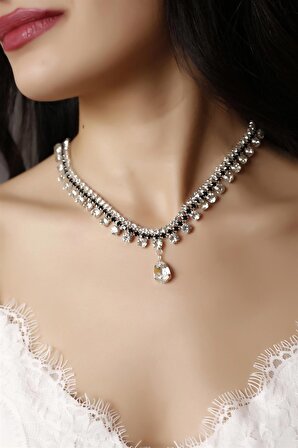 Gümüş Kaplama Silver Damla Taşlı Zirkon Choker Kolye Gerdanlık Tasarım Choker Kolyesi Davet Kolyesi 