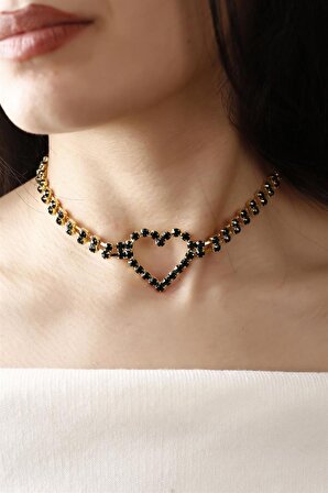 Yeşil Kristal Taşlı Kalp Choker Kolye Parti Kolye Gelin Kolye Nişan Kolye Gümüş Kaplama Gerdanlık