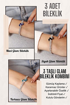 3 Adet Gümüş Kaplama Glam Taşlı Su Yolu Kombin Bileklik Seti,Turkuaz Glam Bileklik,Mavi Glam Bileklik,Siyah Glam Bileklik