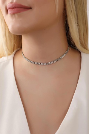 Gümüş Renk Su Yolu 2 Sıralı Taşlı Choker Kolye Taşlı Kolye Trend Choker Kolye Gerdanlık