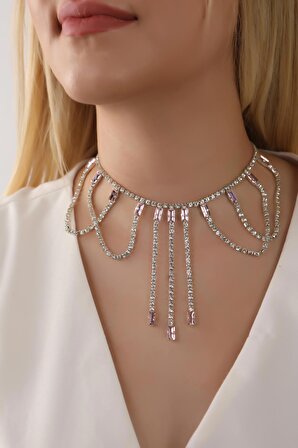 Stylish Su Yolu Pembe Taşlı Çok Taşlı Choker Kolye Tasarım Choker Kolye Gerdanlık Boyunluk