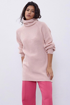 Pembe Balıkçı Yaka Oversize Triko Tunik SWK4299PE