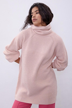 Pembe Balıkçı Yaka Oversize Triko Tunik SWK4299PE