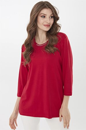 Kadın Yakası İşlemeli Truvakar Kol  Penye Bluz Kırmızı