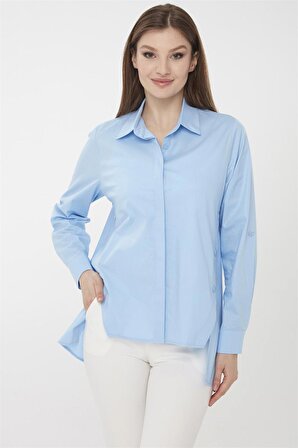 Kadın Kenarları Düğmeli Koton Gömlek Mavi