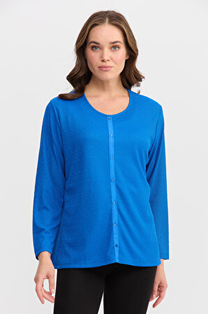 Kadın Sıfır Yaka Sedefli Bluz Saks Mavi