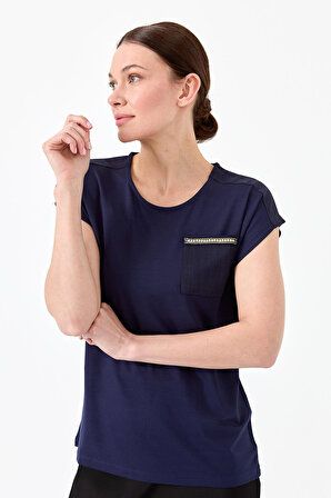 Kadın Sıfır Yaka Düşük Kol Simli Penye T-shirt Lacivert