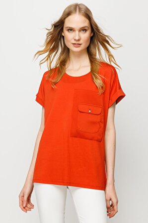 Kadın Sıfır Yaka Cebi Saten Penye T-shirt Oranj