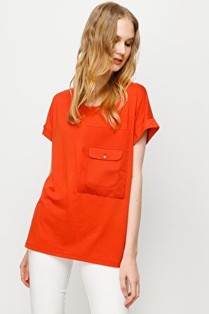 Kadın Sıfır Yaka Cebi Saten Penye T-shirt Oranj