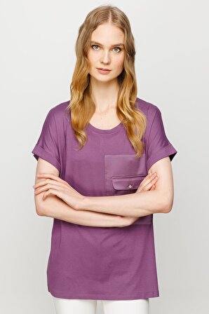 Kadın Sıfır Yaka Cebi Saten Penye T-shirt Lavanta