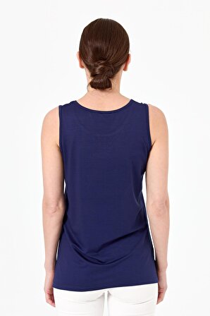 Kadın Sıfır Yaka İşlemeli Askılı Penye T-shirt Lacivert
