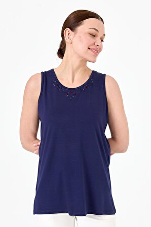Kadın Sıfır Yaka İşlemeli Askılı Penye T-shirt Lacivert