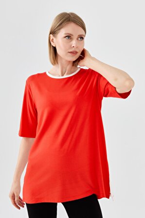 Kadın Sıfır Yaka Penye T-shirt Oranj
