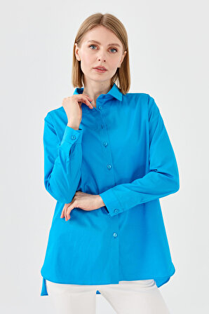 Kadın Koton Uzun Gömlek Mavi