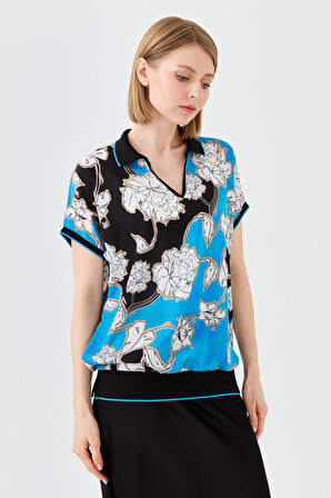 Kadın Polo Yaka Renkli Desenli Bluz Saks