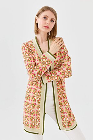 Kadın Renkli Desenli Uzun Yazlık Ceket Hardal