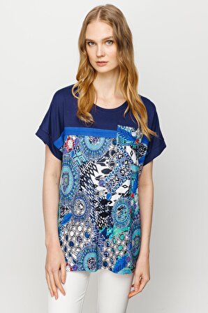 Kadın Karışık Desenli Düşük Kollu Penye T-shirt Lacivert