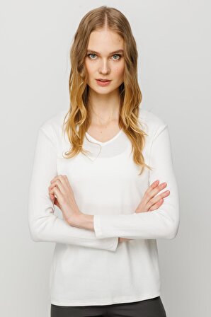 Kadın V Yaka Kaşkorse Pamuklu  Bluz Beyaz