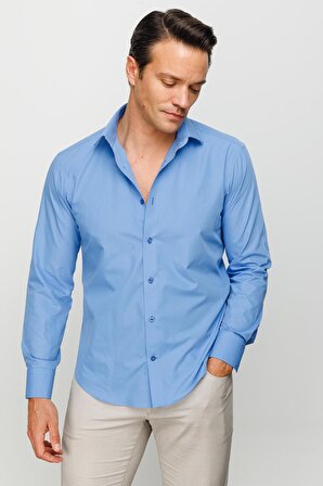 Erkek Klasik Yaka Düz Renk Pamuklu Regular Orta Kesim Gömlek Mavi