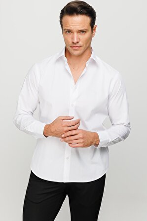Erkek Klasik Yaka Düz Renk Pamuklu Regular Orta Kesim Gömlek Beyaz