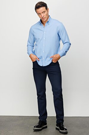 Erkek Düğmeli Yaka %100 Pamuk Regular Orta Kesim Desenli Gömlek Mavi