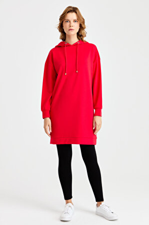 Kadın Kapüşonlu Sweat Elbise Kırmızı