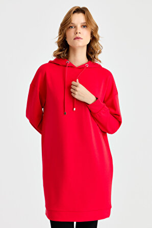 Kadın Kapüşonlu Sweat Elbise Kırmızı