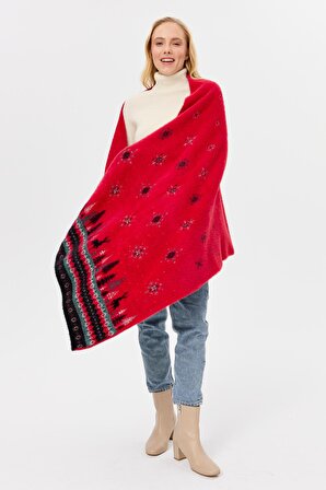 Kadın Triko Yılbaşı Desenli Şal Kırmızı