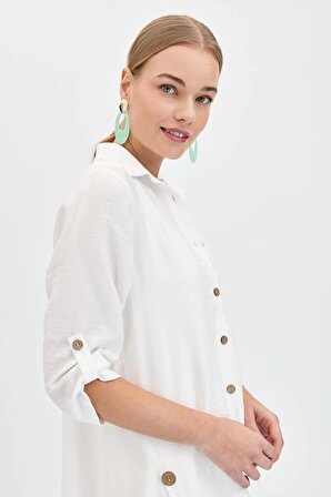 Kadın Yanları Düğmeli Oversize Gömlek Beyaz