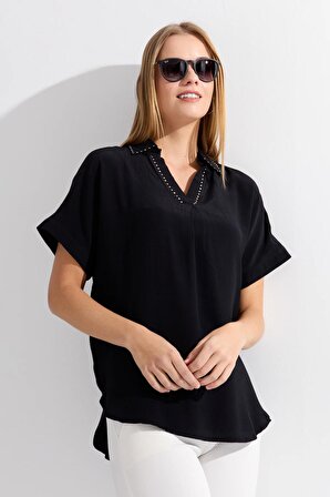 Kadın Yaka Kenarı Taşlı Maroken Gömlek Siyah