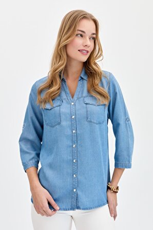 Kadın Kapaklı Cepli Gömlek Mavi