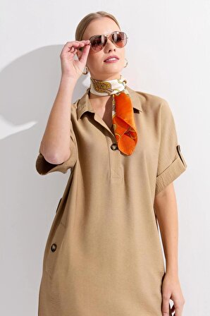 Kadın Gömlek Yaka Yakası ve Cebi Düğmeli Elbise Vizon