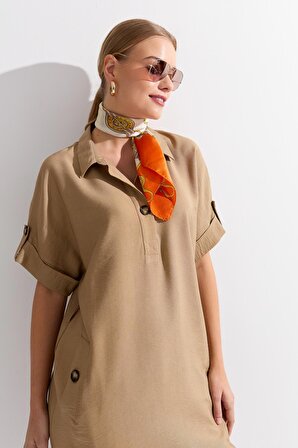 Kadın Gömlek Yaka Yakası ve Cebi Düğmeli Elbise Vizon