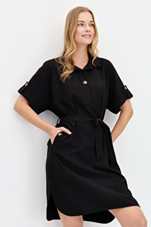 Kadın Gömlek Yaka Yakası ve Cebi Düğmeli Elbise Siyah