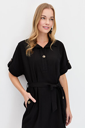 Kadın Gömlek Yaka Yakası ve Cebi Düğmeli Elbise Siyah