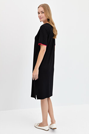 Kadın Sıfır Yaka Çapa İşlemeli Marin Elbise Siyah