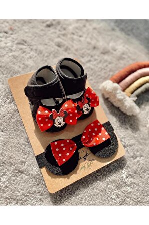 Puanlı Minnie Mouse Kulaklı Bandana Ve Patik Takım Kırmızı-Siyah